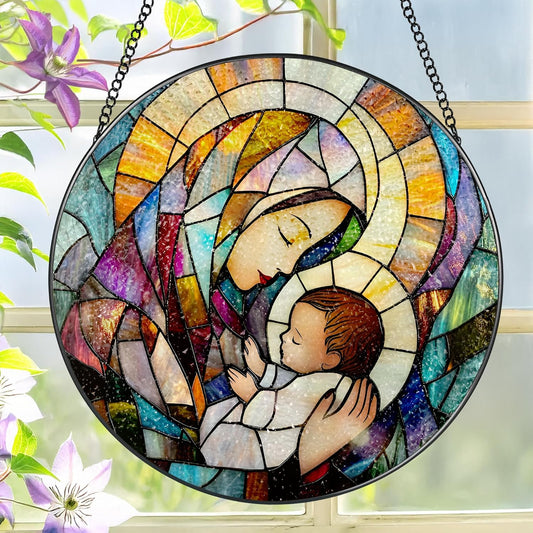 Baby Jesus and The Holy Mother Mary Sun Catcher, 8 Inch Stained Glass Window Hanging, Stained Glass