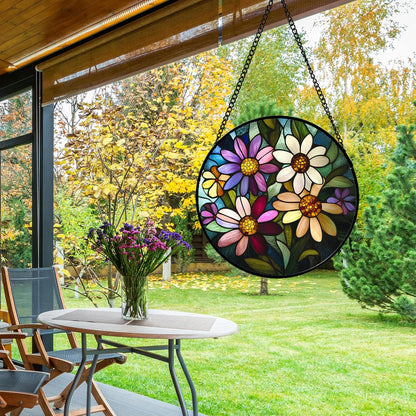 Stained Glass Window Hanging - Colorful Daisies Suncatcher for Door Garden Patio Retro Flower Sun Catchers Decor Christmas Mother's Day Birthday Gifts for Women Mom Nana Aunt Friend 11.8 in