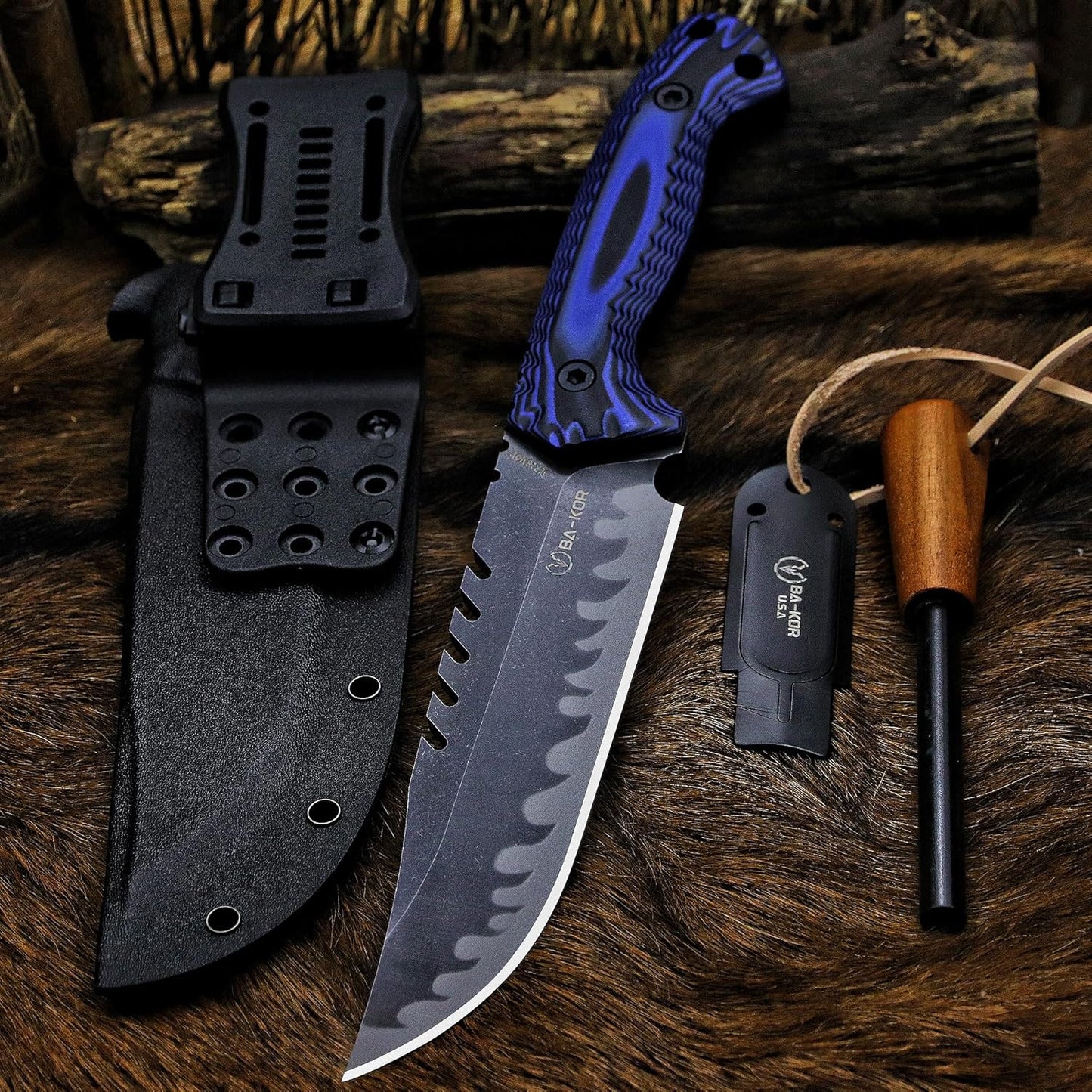 BA-KOR 12.4in Full Tang Fixed Blade Hunting Knife – 6mm 9CR18MoV Steel, G10 Handle, Stonewashed Sawback Blade with Kydex Sheath & Fire Starter for Outdoor, Camping, Survival (Blue and black stripes)