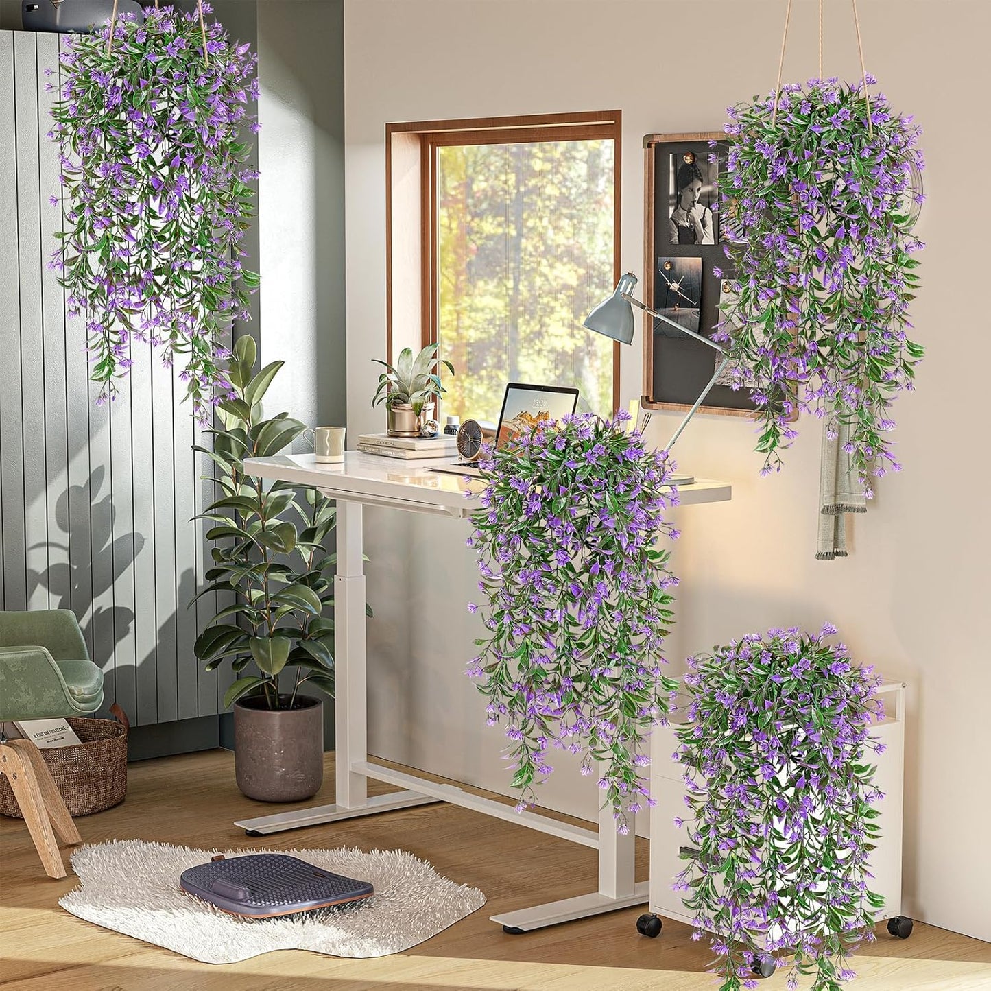 TOCHGREEN 4Pcs Artificial Hanging Plants Fern Vine, Faux Plastic Plants Fake Ivy Vine Greenery Garland with Purple Flower, Outdoor Indoor Decorations for Living Room Balcony Garden Wall Home Decor
