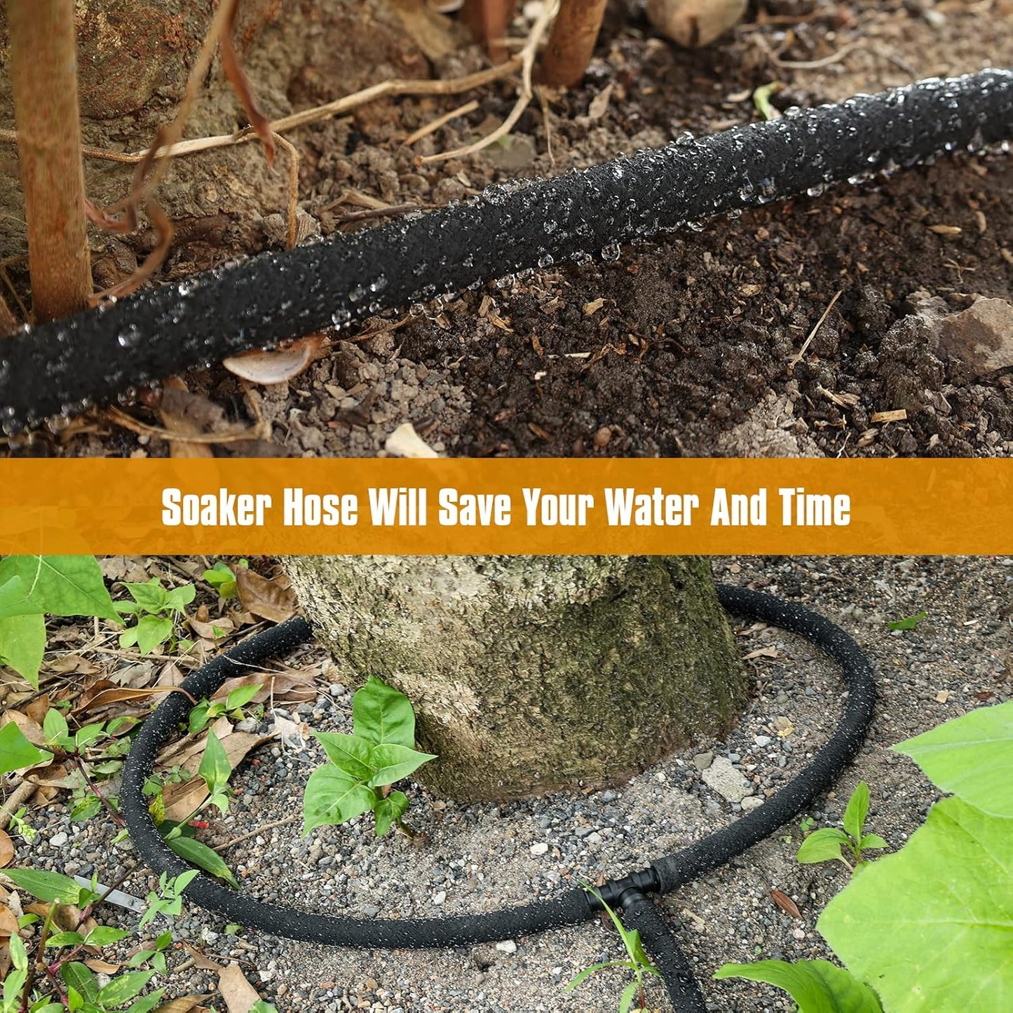 Soaker Hose 10 ft for Garden Beds, Solid Brass Interface Irrigation Save 70% Water Heavy Duty Rubber 1/2" Diameter Great for Gardens/Flower Beds