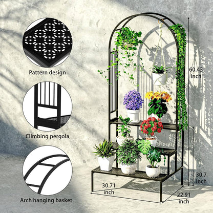 Garden 4 you 3 Tier Metal Plant Stand Garden Arch Arbor Trellis for Outdoor Display Shelf Flower Pot Holder Storage Organizer Rack for Indoor Home,Patio Balcony Yard(Black, Arch)…