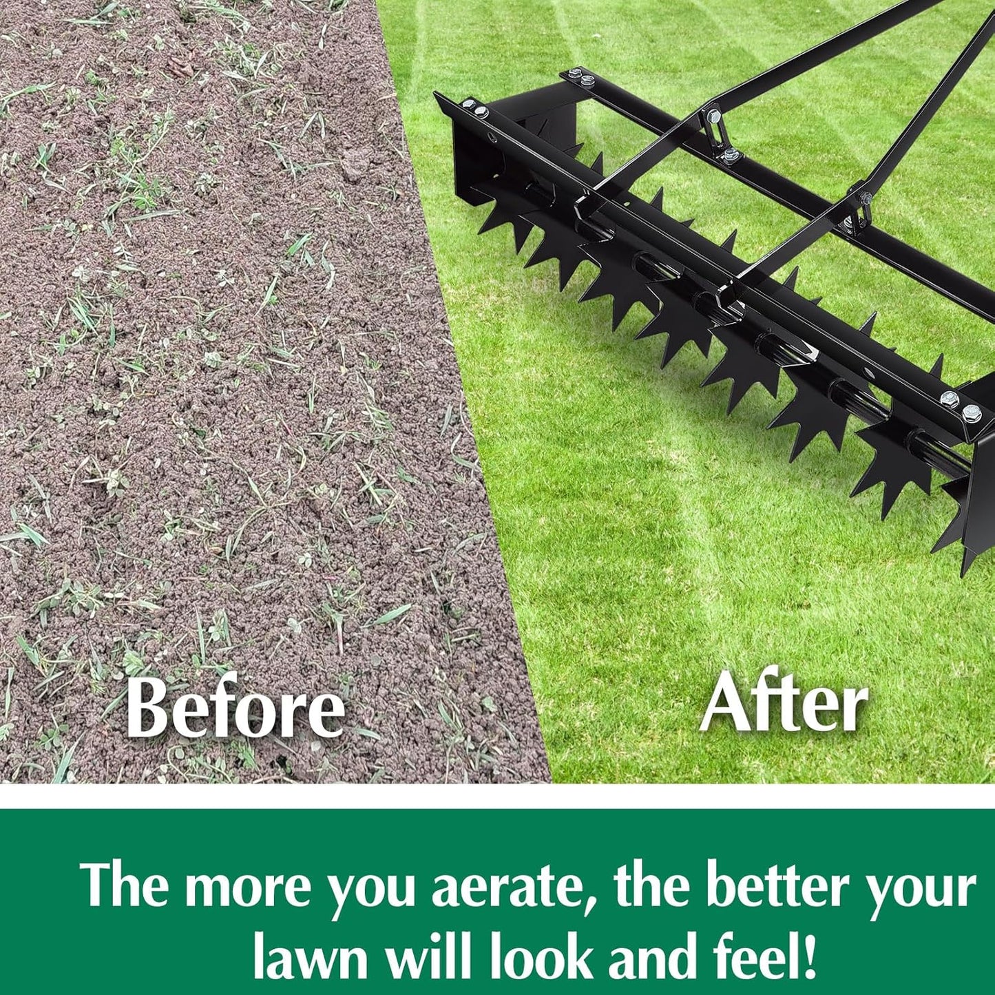 Lasnten 32 Inch Tow Behind Spike Aerator Soil Penetrator Spikes Tractor with Galvanized Steel Tines and Wide Tow Bar Black Lawn Aerator for Home Yard Farm Use