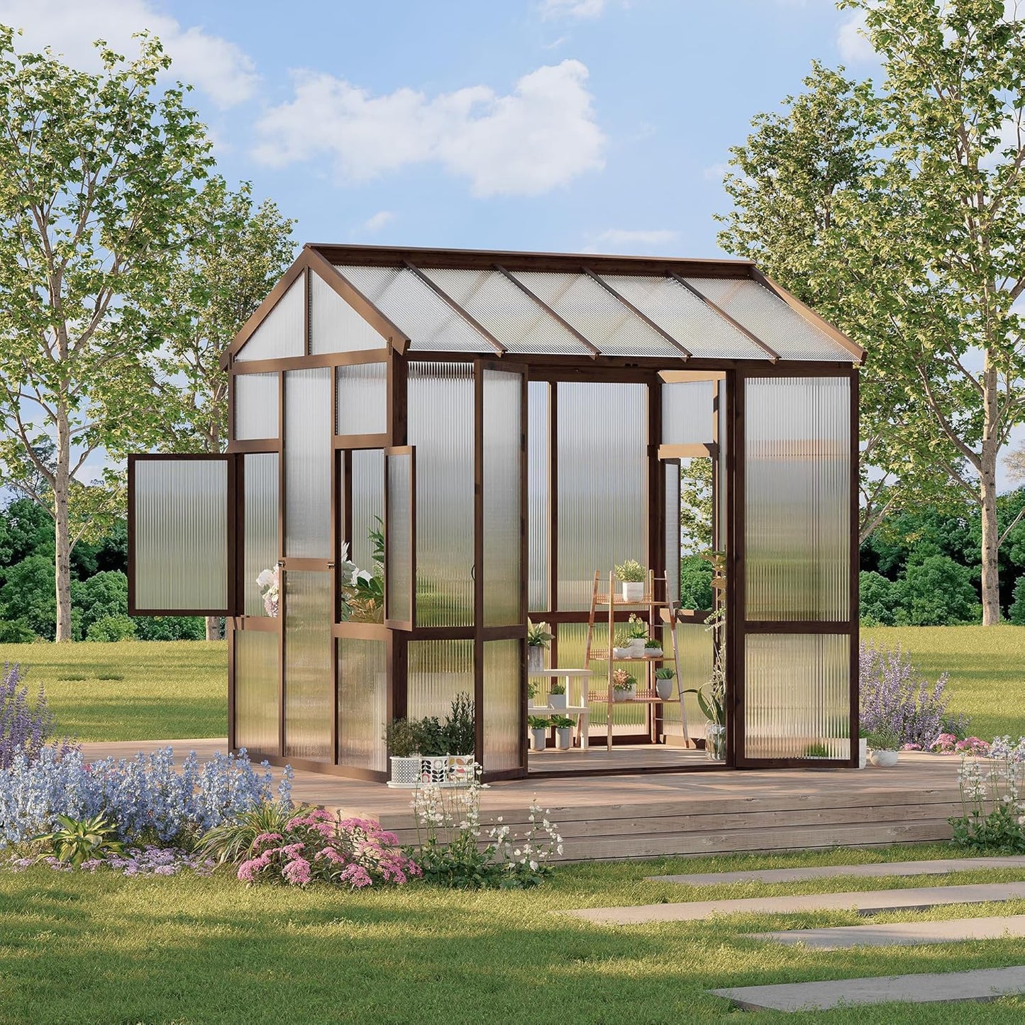 6x8 FT Wooden Greenhouse for Outdoor - Heavy Duty Walk-in Green House Kit with 6mm Polycarbonate, Ventilated Window & Lockable Door for Backyard, Patio, Lawn