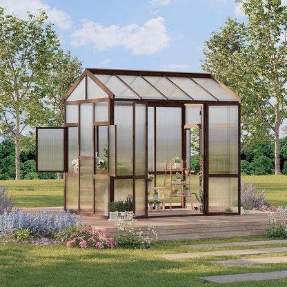 6x8 FT Wooden Greenhouse for Outdoor - Heavy Duty Walk-in Green House Kit with 6mm Polycarbonate, Ventilated Window & Lockable Door for Backyard, Patio, Lawn