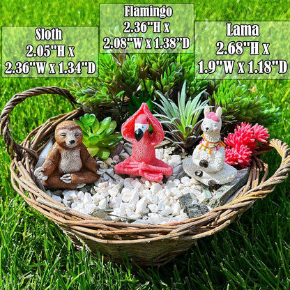 Mood Lab Miniature Yoga Figurines Set - Funny Mini Statue Kit of 3 pcs - Flamingo, Lama & Sloth in Meditation Pose - Fairy Garden Decor