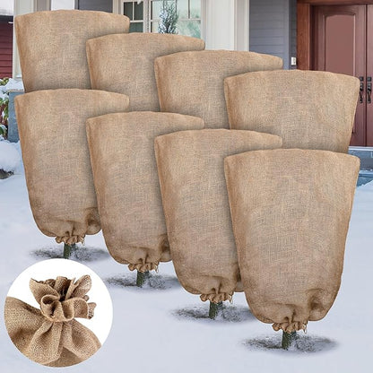 8 Packs Winter Burlap Plant Covers Bags 23.6 x 39.4 Inch Large Burlap Sack Plant Blanket with Drawstring Reusable Warm Plant Frost Cloth Cold Freeze Blanket for Outdoor Fruit Tree Potted Plants