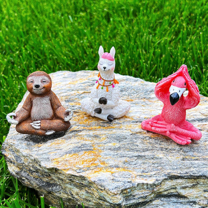 Mood Lab Miniature Yoga Figurines Set - Funny Mini Statue Kit of 3 pcs - Flamingo, Lama & Sloth in Meditation Pose - Fairy Garden Decor