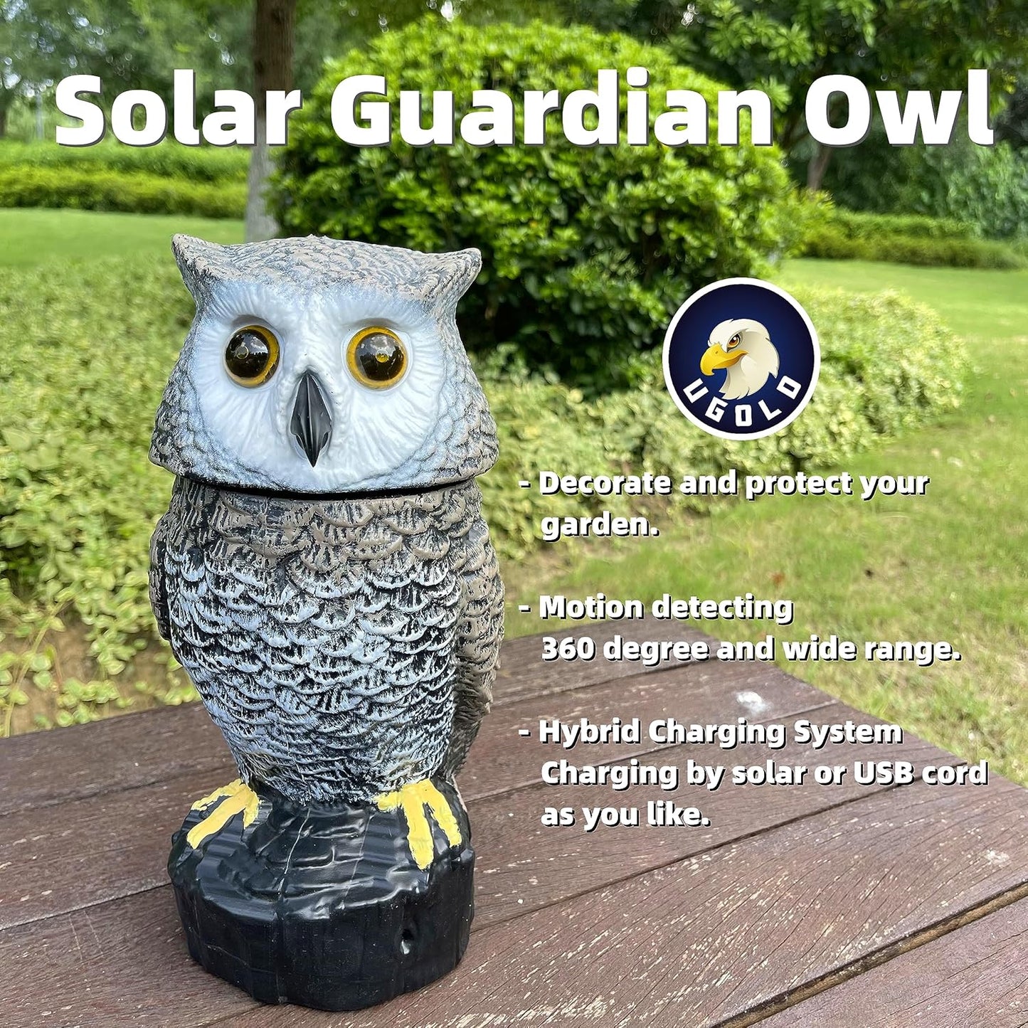 Solar Powered Garden Owl with Motion Detection, Rotating Head, Realistic Hoots and Silent Mode, Outdoor Statue and Sculpture, Owl Decoration for Home, Garden, Patio and Lawn