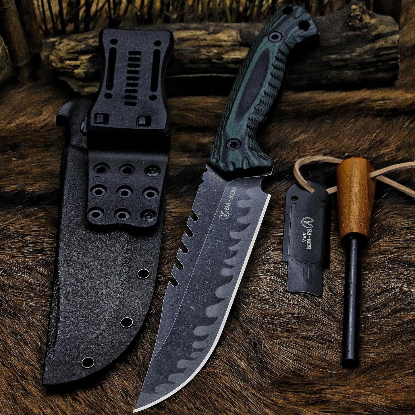 BA-KOR 12.4in Full Tang Fixed Blade Hunting Knife – 6mm 9CR18MoV Steel, G10 Handle, Stonewashed Sawback Blade with Kydex Sheath & Fire Starter for Outdoor, Camping, Survival (Green and black stripes)