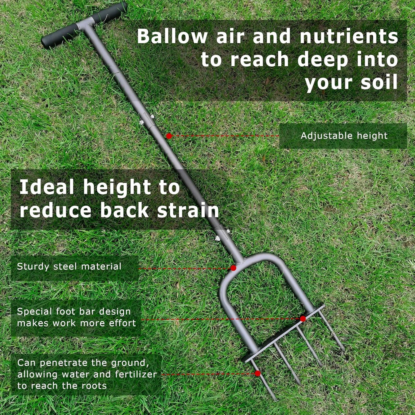 Manual Lawn Aerator for Compacted Soil Aerating - Height Adjustable Handheld Spike Aerator with 4 Steel Tines