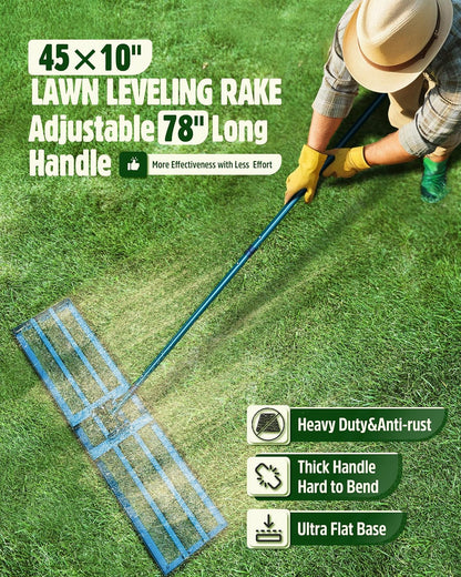 Lawn Leveling Rake,Stainless Steel Lawn Leveler with 45”x10” Ground Plate, 78” Adjustable Long Handle, Heavy Duty Large Level Yard Tool for Grass, Golf Field, Level Soil or Dirt Ground Surfaces-Green