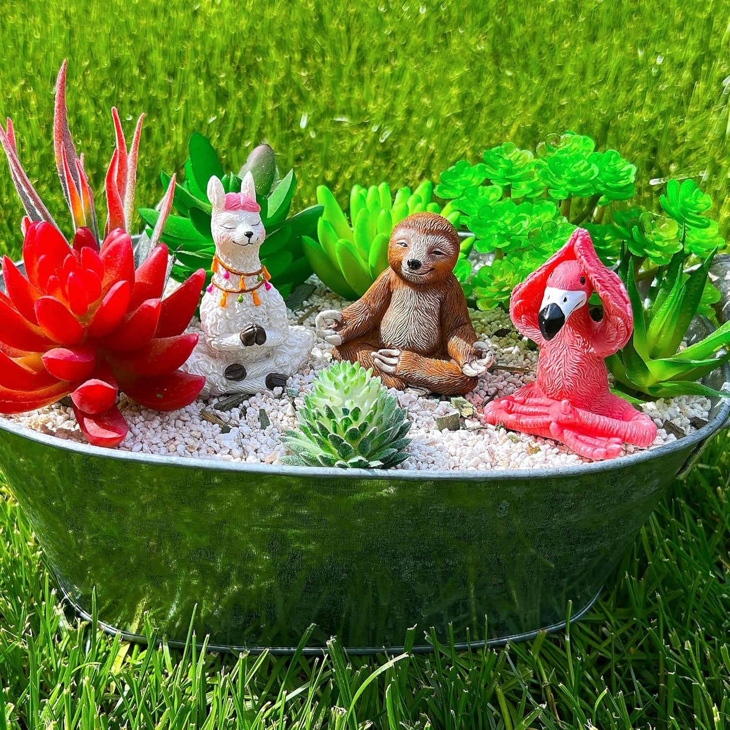 Mood Lab Miniature Yoga Figurines Set - Funny Mini Statue Kit of 3 pcs - Flamingo, Lama & Sloth in Meditation Pose - Fairy Garden Decor
