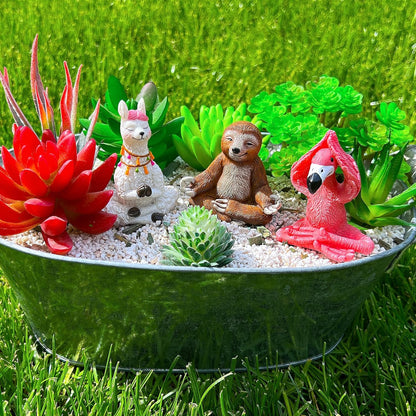 Mood Lab Miniature Yoga Figurines Set - Funny Mini Statue Kit of 3 pcs - Flamingo, Lama & Sloth in Meditation Pose - Fairy Garden Decor