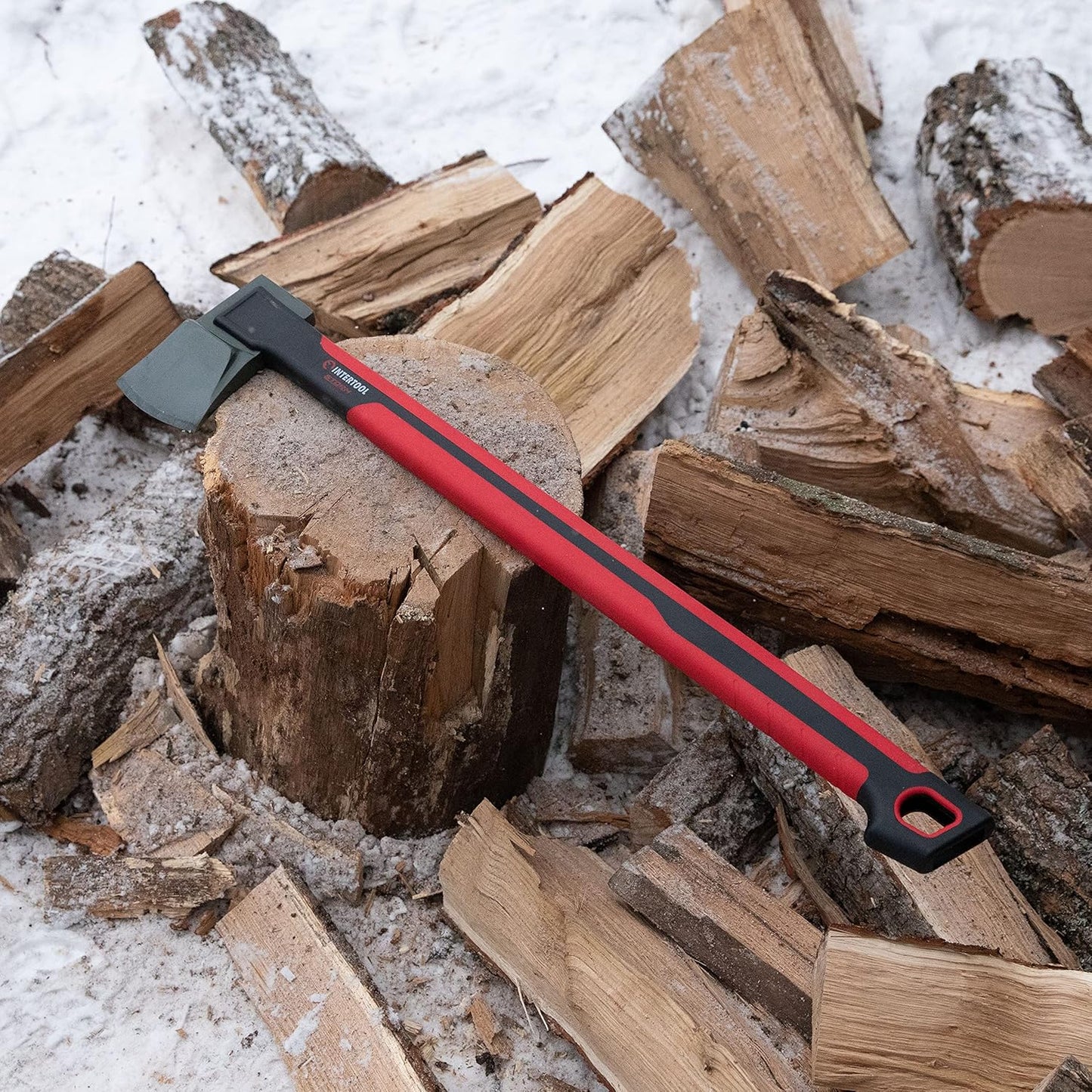 INTERTOOL 28” Chopping Axe, Tree Felling Ax Tool, Deeper Cuts, Wood Splitting, Kindling, Camp, Firewood, Survival, Shock Absorbing Anti-Slip Grip Handle, Sheath, Storm HT08-0296