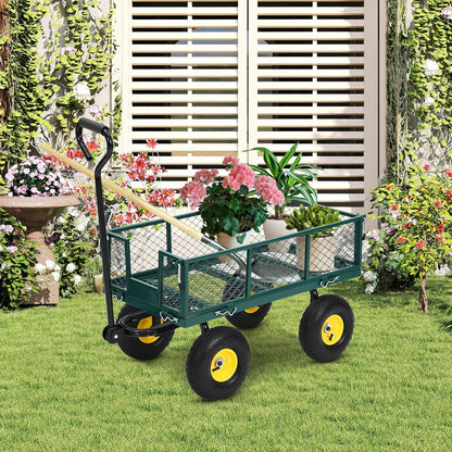 Heavy-Duty Steel Garden Cart, 900 Lb Yard Dump Metal Cart with 4-Side Removable Mesh and All Terrain 10" Tires, Flatbed Convertible Yard Wagon, Green