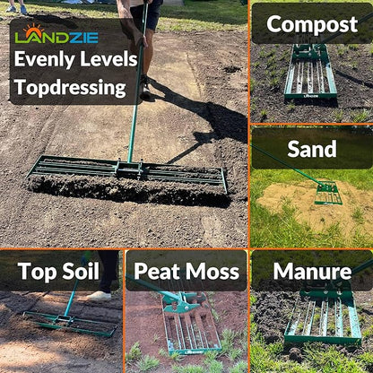 LANDZIE - The Original Lawn Leveling Rake – 48" Steel Handle Yard Leveler, Lawn Level Tool for Creating a Flat Surface - Works for Soil, Dirt, Topdressing, and Ground