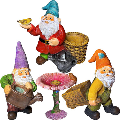 Mood Lab Miniature Gardening Gnomes Set of 4 pcs - 3,5" H Garden Gnome Figurines & Accessories Kit - Outdoor or House Decor