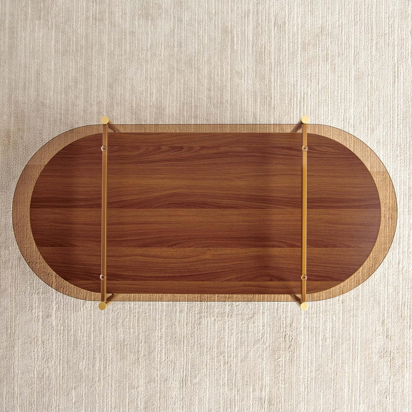 X-Large Oval Glass Coffee Table, Mid-Century Modern Design, L47 x W24 x H17 inch, for Living Room, Amber Glass Top and Walnut Finish Wood Shelf, Conical Legs with Gold Finish Frame