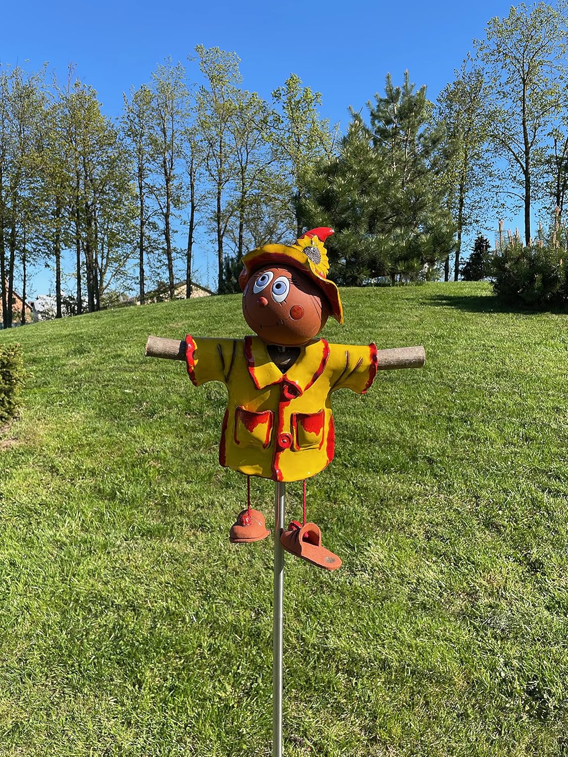 Ceramic Garden Decor - Scarecrow Lawn stake, yellow - Outdoor statue - Perfect, unique gifts for gardeners woman, men, yard gifts - Handmade, Frostproof