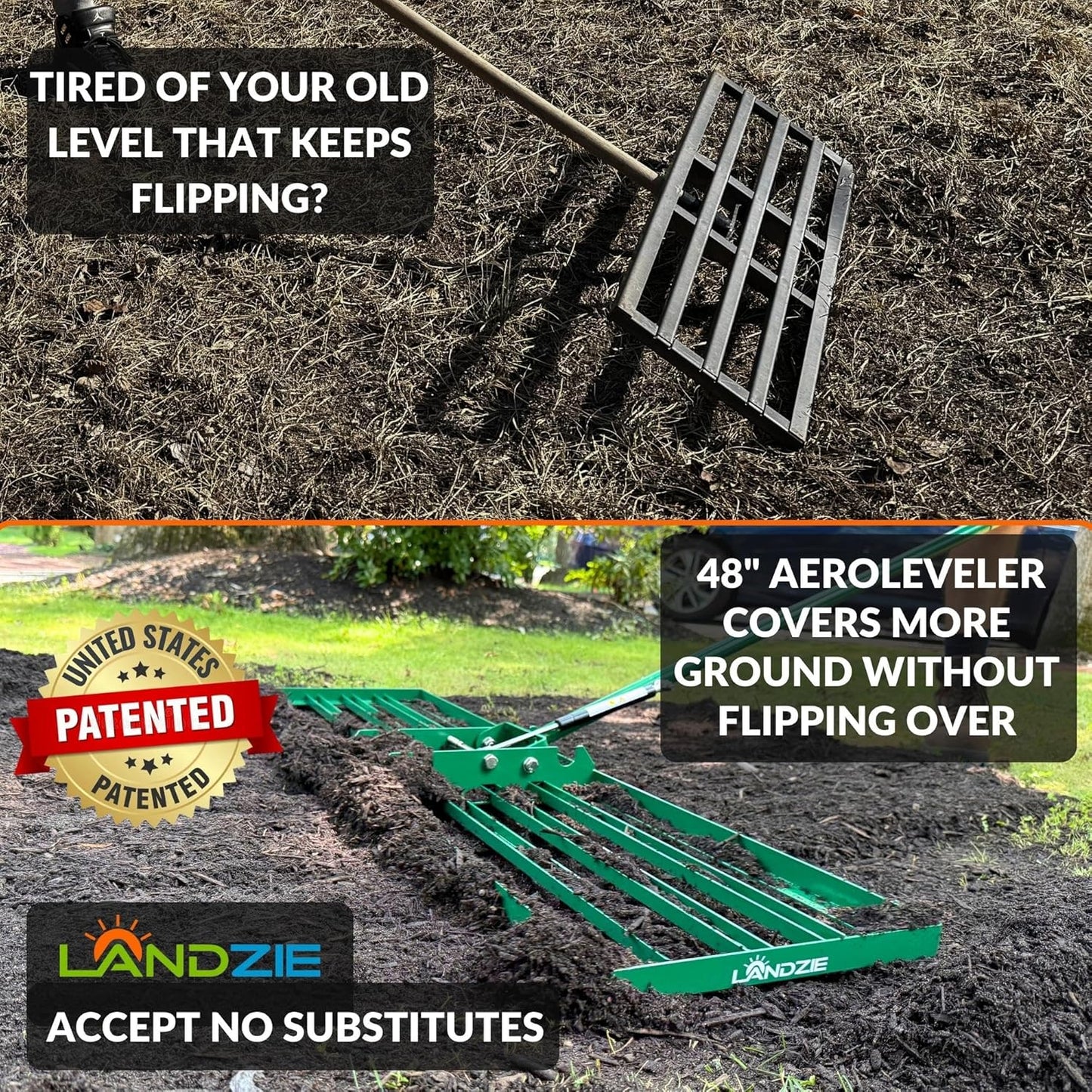 Landzie AeroLeveler - The Lawn Leveling Rake That Never Flips - Patented 48" inch Wide Pneumatic Lawn Level for Yard, Dirt, Soil, Sand, Provides Stability and Control (Pneumatic 48" Leveling rake)