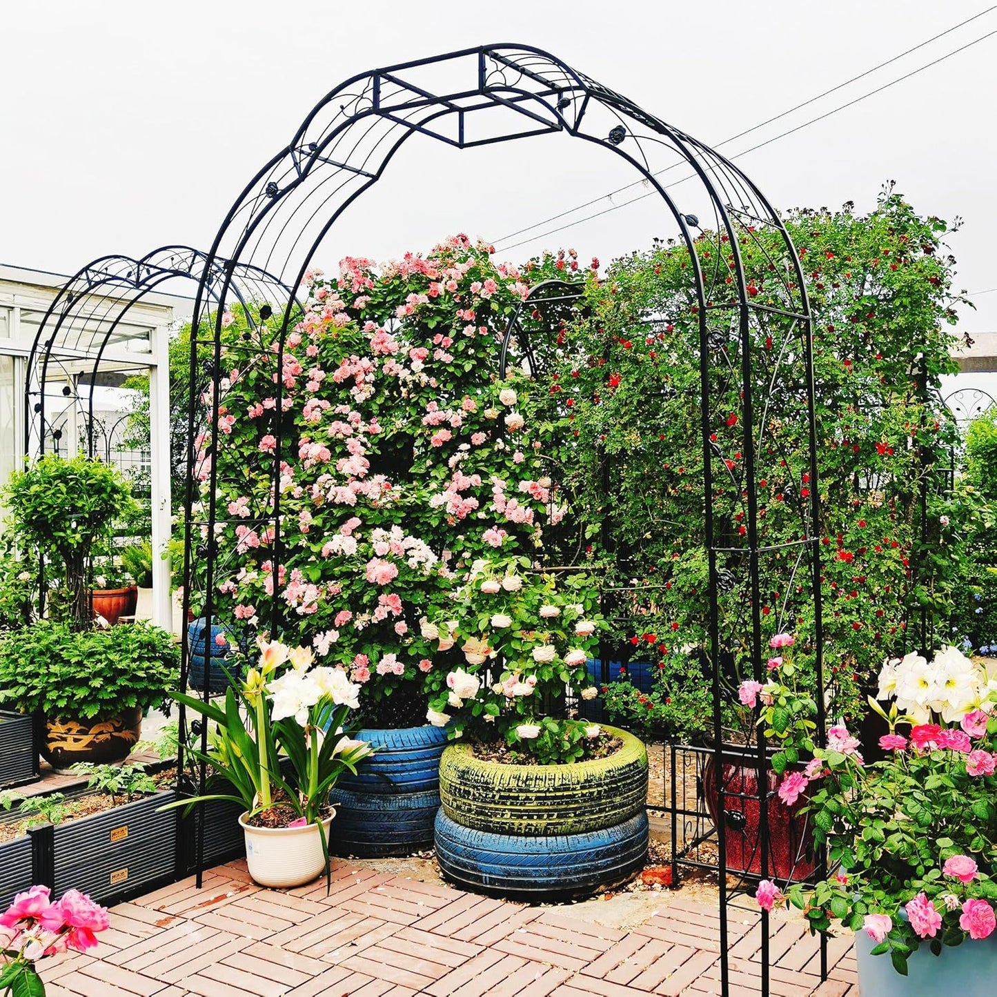 Metal Garden Arch W74.4'' x H98.4'' Garden Arbor Trellis Climbing Plants Support Rose Arch Outdoor Arch Black