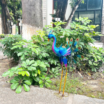 Decorative Metal Peacock Garden Statue, Iridescent Blue Purple Finish, Outdoor Lawn Ornament with Feather Display