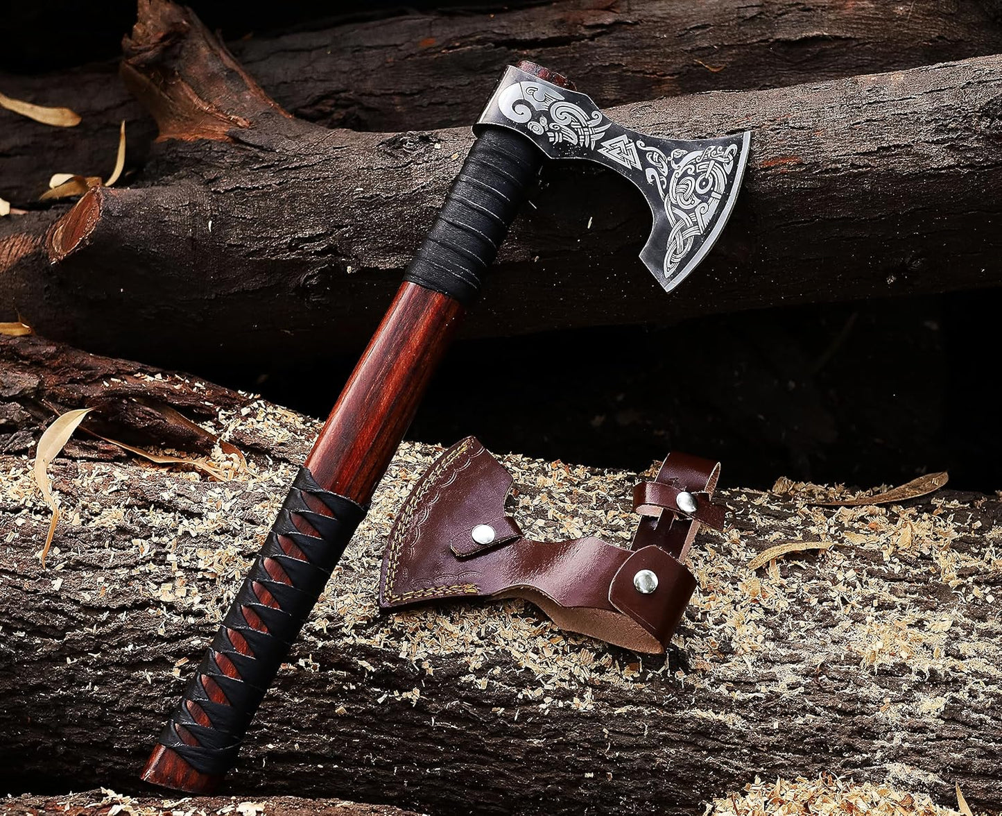 Viking Axe | 18" Carbon Steel Throwing Hatchet with Ash Wood Handle & Leather Sheath | Etched Norse Design, Functional & Collectible Gift(WCA-017)
