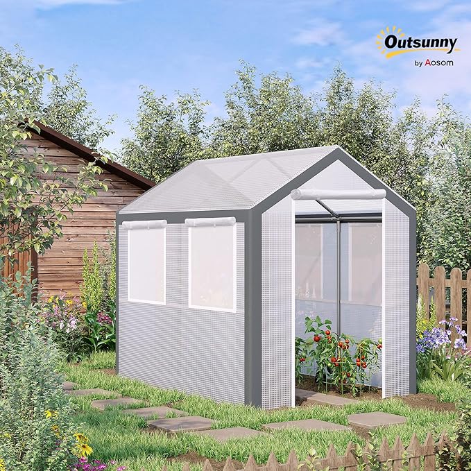 Outsunny 8' x 6' x 7' Walk-in Greenhouse, Outdoor Garden Warm Hot House with 4 Roll-up Windows, 2 Zippered Doors and Weather Cover, White