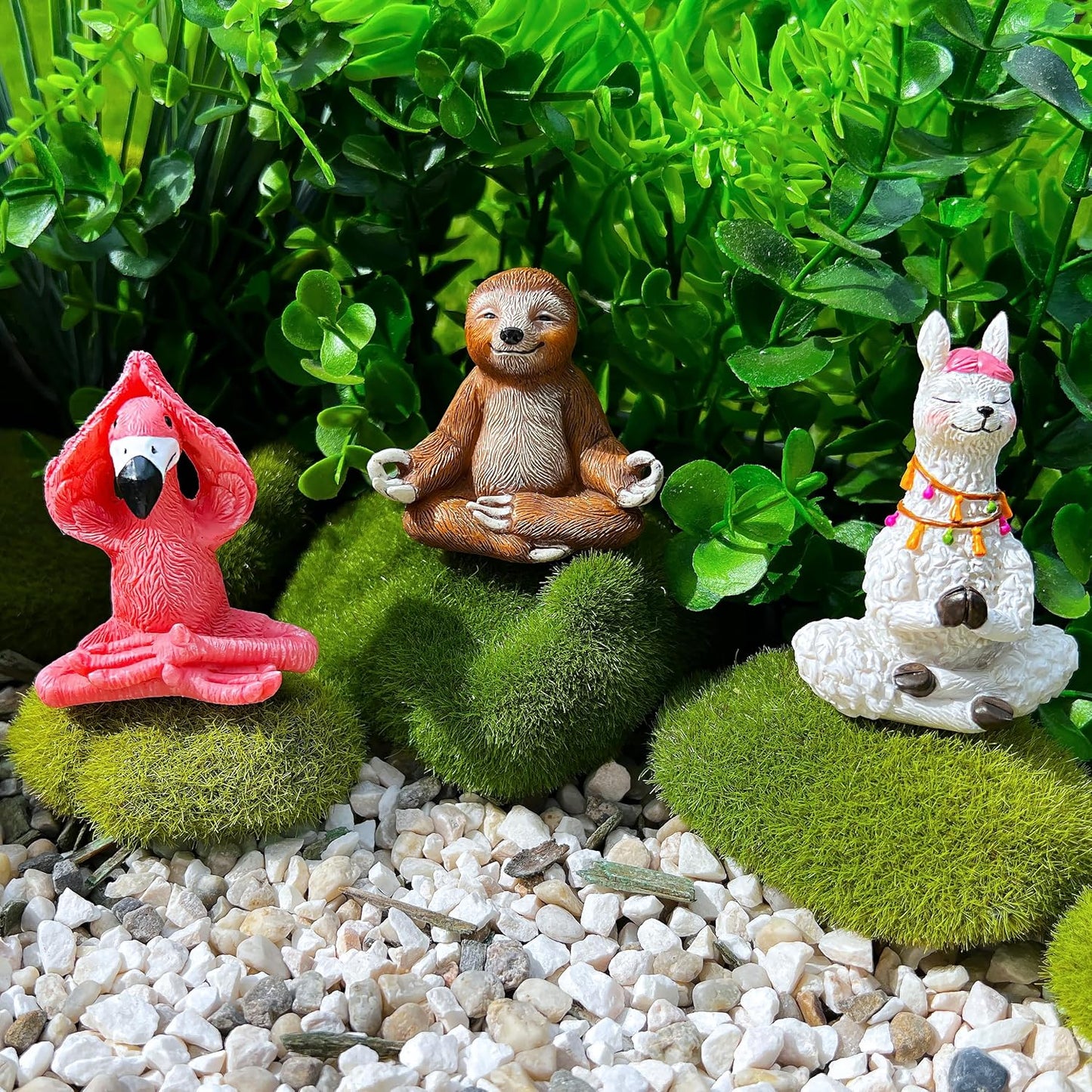 Mood Lab Miniature Yoga Figurines Set - Funny Mini Statue Kit of 3 pcs - Flamingo, Lama & Sloth in Meditation Pose - Fairy Garden Decor