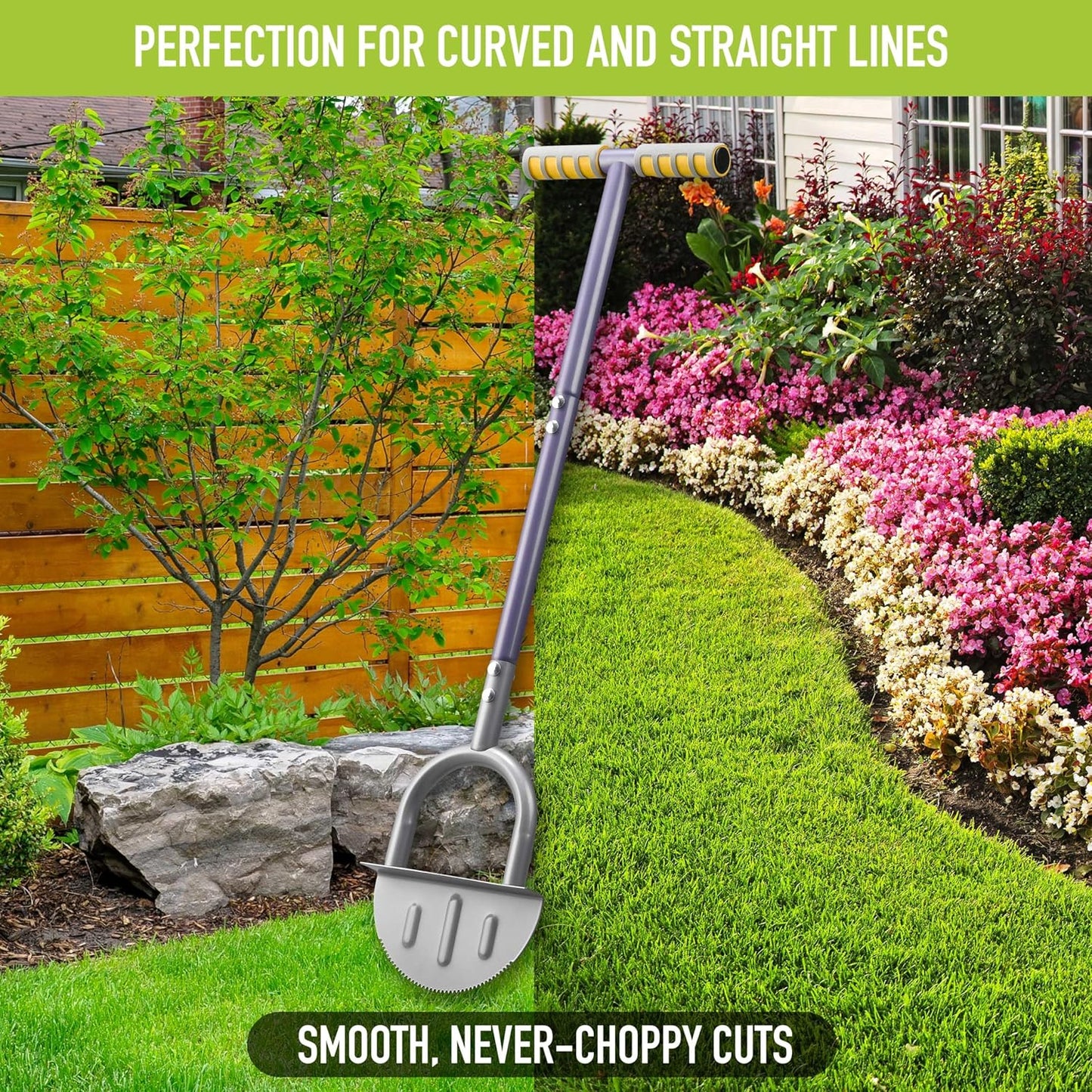 Half-Moon Edger Lawn Tool – Steel Garden Edger for Landscaping & Borders with Rope & Pegs for Precision – Saw-Tooth Manual Edger Lawn Tool with Ergonomic Rubber-Grip Handles, 39 in.