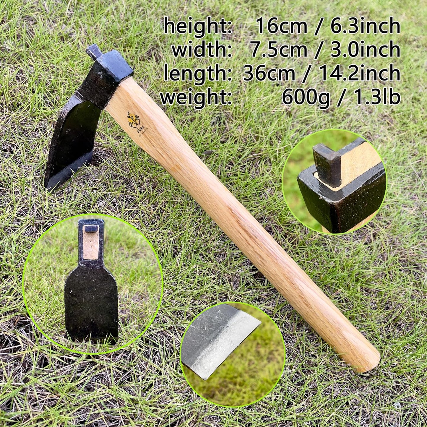14 Inch Heavy Duty Curved Hoe, Without Welding, Gardening Tool, Oak Handle, for Digging, Weeding, and Planting