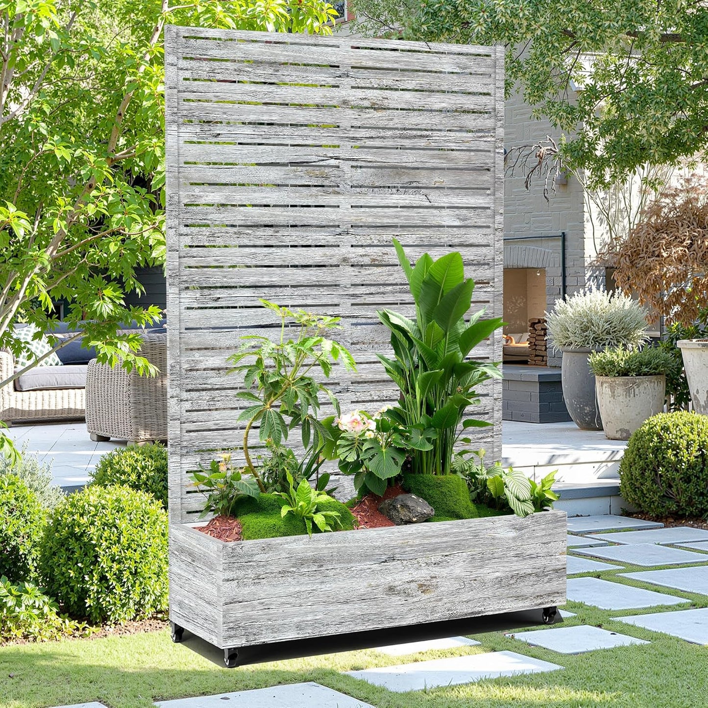 15.7"×70.9"×47.2" Metal Raised Garden Bed with Trellis and Wheels - Tall Trellis Planter Box for Climbing Plants, Vegetables & Vines - Outdoor Privacy Planters for Patio (White Oak Grain)