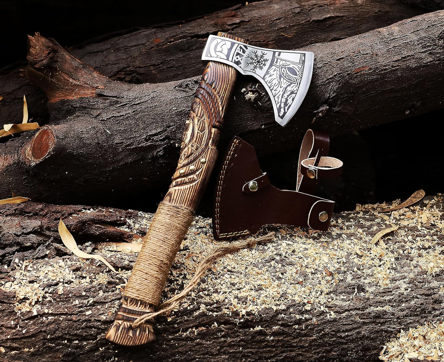 Wazir Crafts Viking Axe |Carbon Steel Engraved Blade with 18″ Wooden Handle & Leather Sheath | Collectible Norse Design Hatchet for Camping & Gifting (WCA-014)