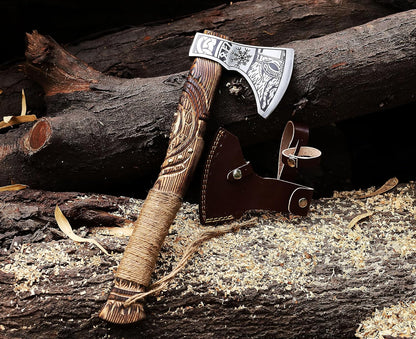 Wazir Crafts Viking Axe |Carbon Steel Engraved Blade with 18″ Wooden Handle & Leather Sheath | Collectible Norse Design Hatchet for Camping & Gifting (WCA-014)