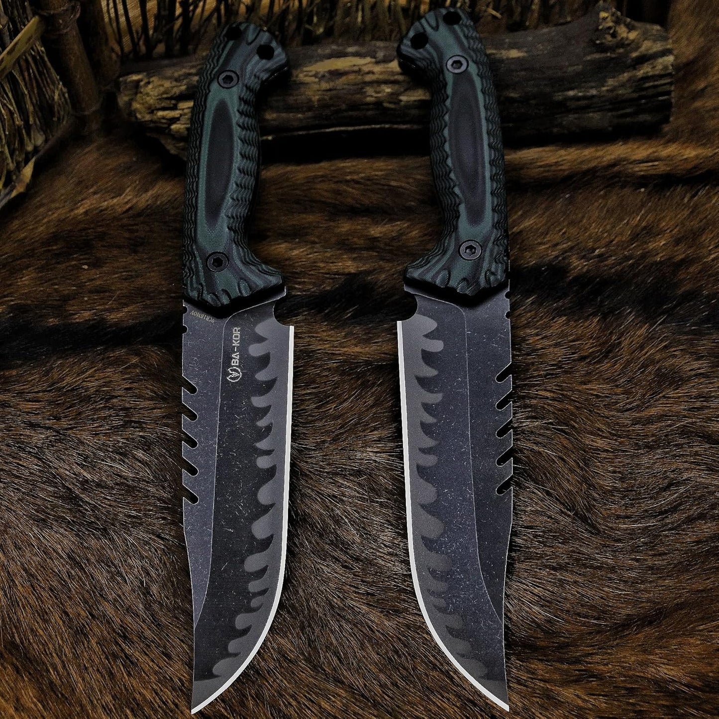 BA-KOR 12.4in Full Tang Fixed Blade Hunting Knife – 6mm 9CR18MoV Steel, G10 Handle, Stonewashed Sawback Blade with Kydex Sheath & Fire Starter for Outdoor, Camping, Survival (Green and black stripes)