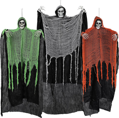 JOYIN 3 Pcs Halloween Hanging Grim Reapers, one 63” Two 47” Grim Reapers, Halloween Skeleton Outdoor Decoration Flying Ghost for Haunted Haunted House Prop, Party Supplies Decor