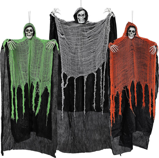 JOYIN 3 Pcs Halloween Hanging Grim Reapers, one 63” Two 47” Grim Reapers, Halloween Skeleton