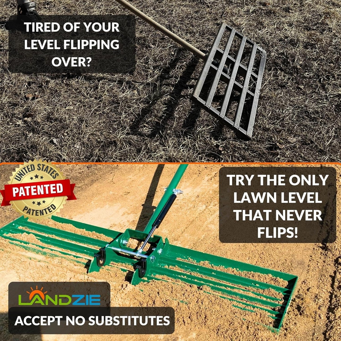 Landzie AeroLeveler - The Lawn Leveling Rake That Never Flips - Patented 36 inch Wide Pneumatic Lawn Level for Yard, Dirt, Soil, Sand, Provides Stability and Control Without Flipping Over