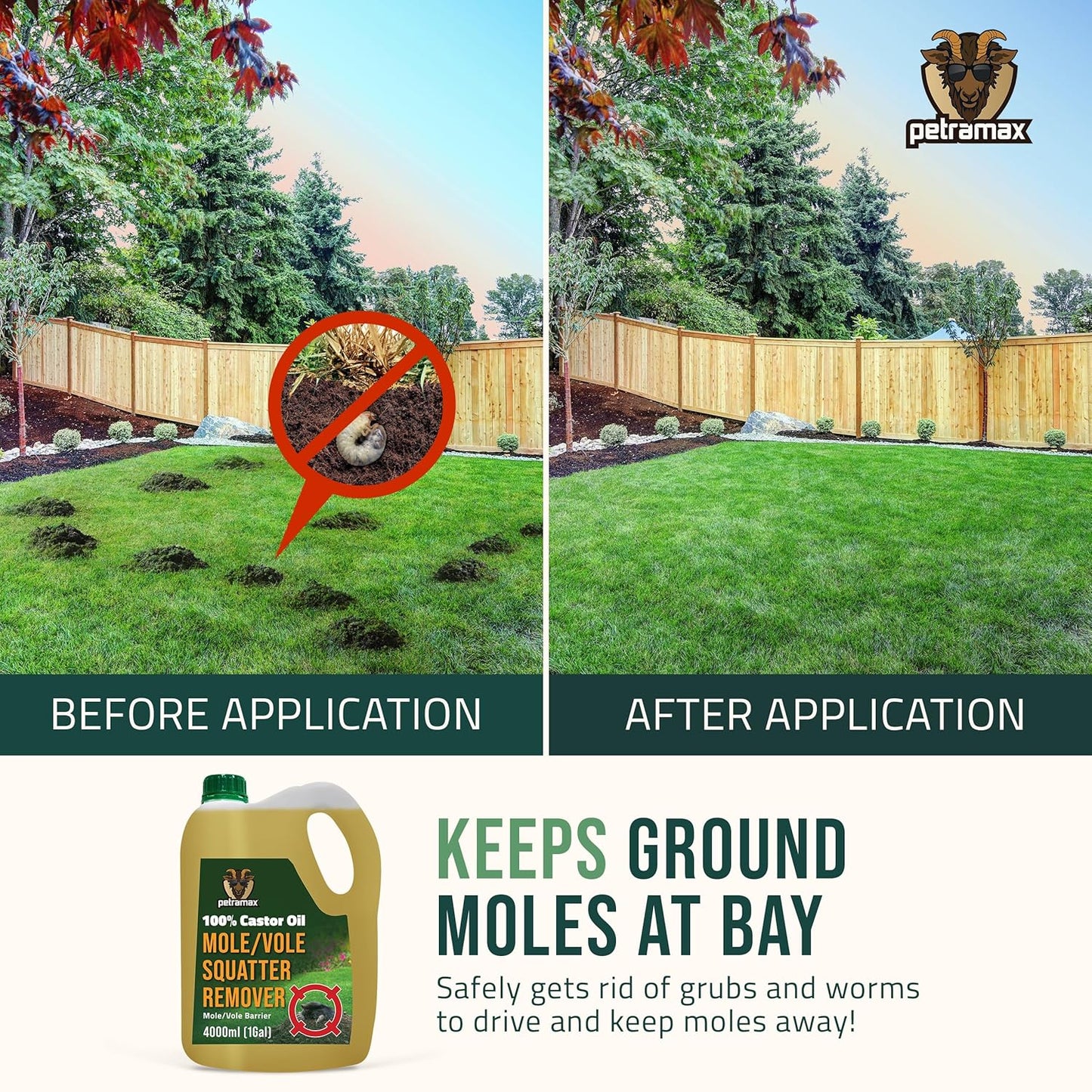 Petra 100% Castor Oil for Moles and Voles - Get Rid of Moles & Voles - Most Effective Way to Get Rid of Moles in Your Yard - Gopher, Ground Mole, Vole Caster Oil - Pet Safe, Food Grade (135 Fl Oz)