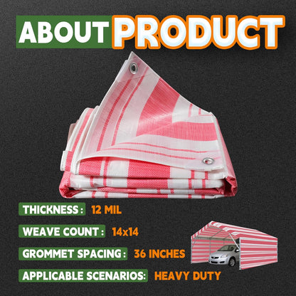RAINDEWAY Tarps 7x20 Feet,12 Mil Sunshade Striped Tarp Waterproof,Multipurpose Poly Tarp Cover with Grommets and Reinforced Edges,Red/White Tarps