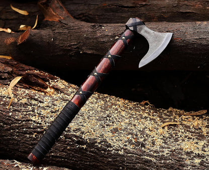 WAZIR Crafts Viking Axe | 17″ Hand-Forged Carbon Steel Tomahawk with Rosewood Handle & Leather Sheath, Bearded Axe for Camping, Bushcraft, Throwing, Gifts for Men (WCA‑015)