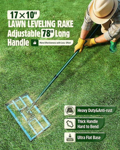 Lawn Leveling Rake,Stainless Steel Lawn Leveler with 17”x10” Ground Plate, 78” Adjustable Long Handle, Heavy Duty Level Yard Tool for Grass, Golf Field, Level Soil or Dirt Ground Surfaces-Green