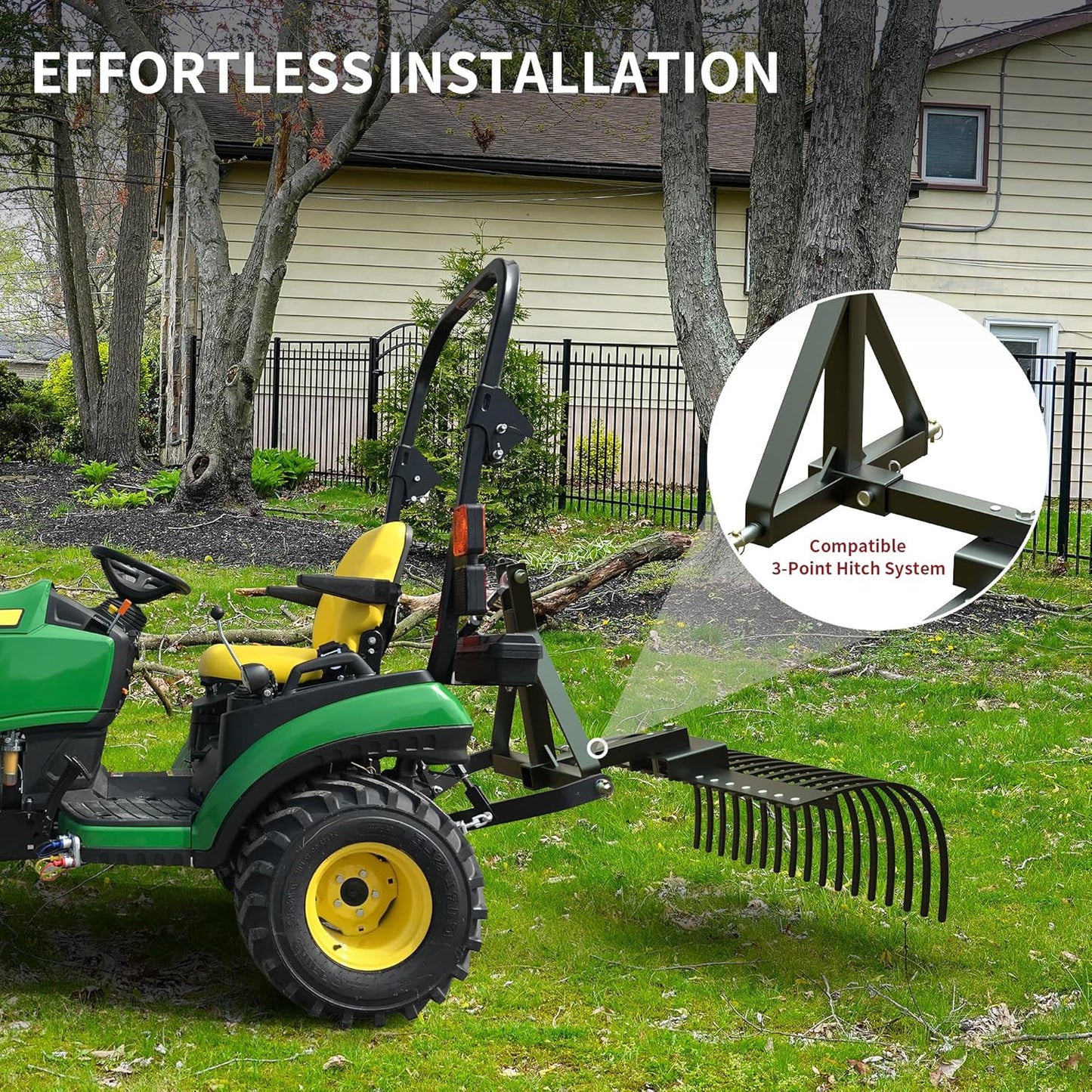YITAMOTOR 48" Tow Behind Landscape Rake, 2" Receiver Lown Dethatcher Rack with 17 Steel Tines for ATV/UTV & 3-Point Hitch Systems Tractor, for Leaves, Debris, Grass, Pine Needles
