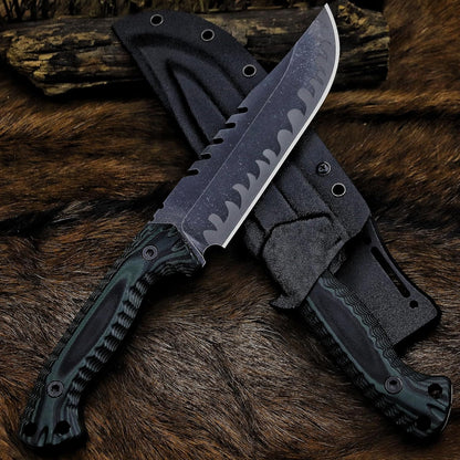 BA-KOR 12.4in Full Tang Fixed Blade Hunting Knife – 6mm 9CR18MoV Steel, G10 Handle, Stonewashed Sawback Blade with Kydex Sheath & Fire Starter for Outdoor, Camping, Survival (Green and black stripes)